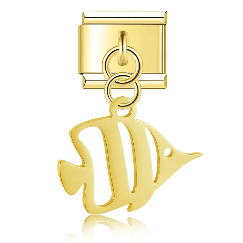 Hapiship 2024 New Fashion Starfish Shell Turtle Charms Italian Link Fit 9mm Bracelet Stainless Steel Making Diy Jewelry DJ820
