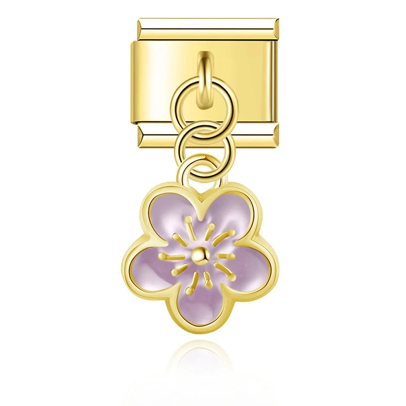 Hapiship 2025 Wholesale Golden Flower Heart Italian Charms Fit 9mm Stainless Steel Bracelet Drop STHIPPING Women Jewelry DJ1471