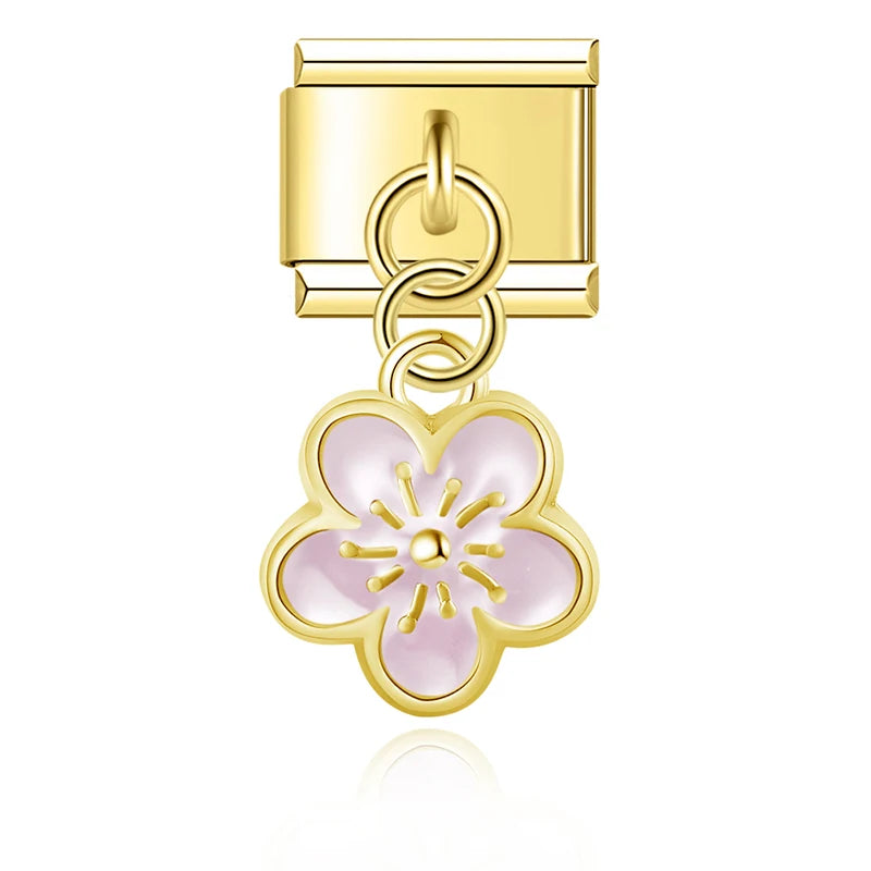 Hapiship 2025 Wholesale Golden Flower Heart Italian Charms Fit 9mm Stainless Steel Bracelet Drop STHIPPING Women Jewelry DJ1471