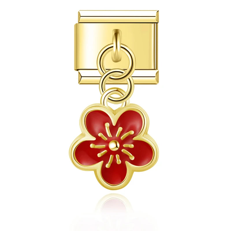 Hapiship 2025 Wholesale Golden Flower Heart Italian Charms Fit 9mm Stainless Steel Bracelet Drop STHIPPING Women Jewelry DJ1471