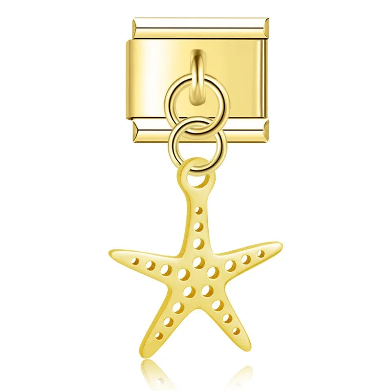 Hapiship 2024 New Fashion Starfish Shell Turtle Charms Italian Link Fit 9mm Bracelet Stainless Steel Making Diy Jewelry DJ820
