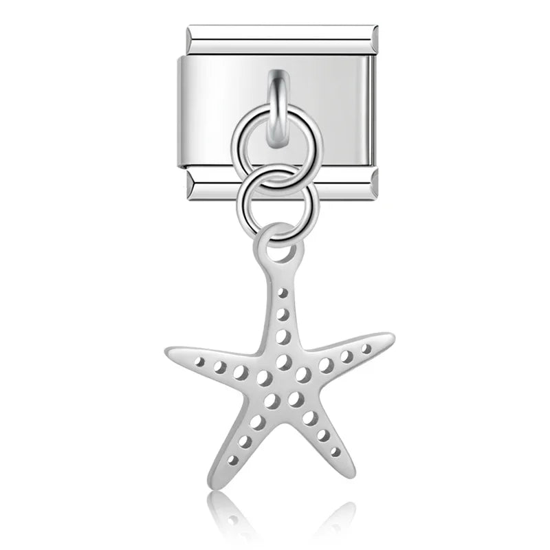 Hapiship 2024 New Fashion Starfish Shell Turtle Charms Italian Link Fit 9mm Bracelet Stainless Steel Making Diy Jewelry DJ820